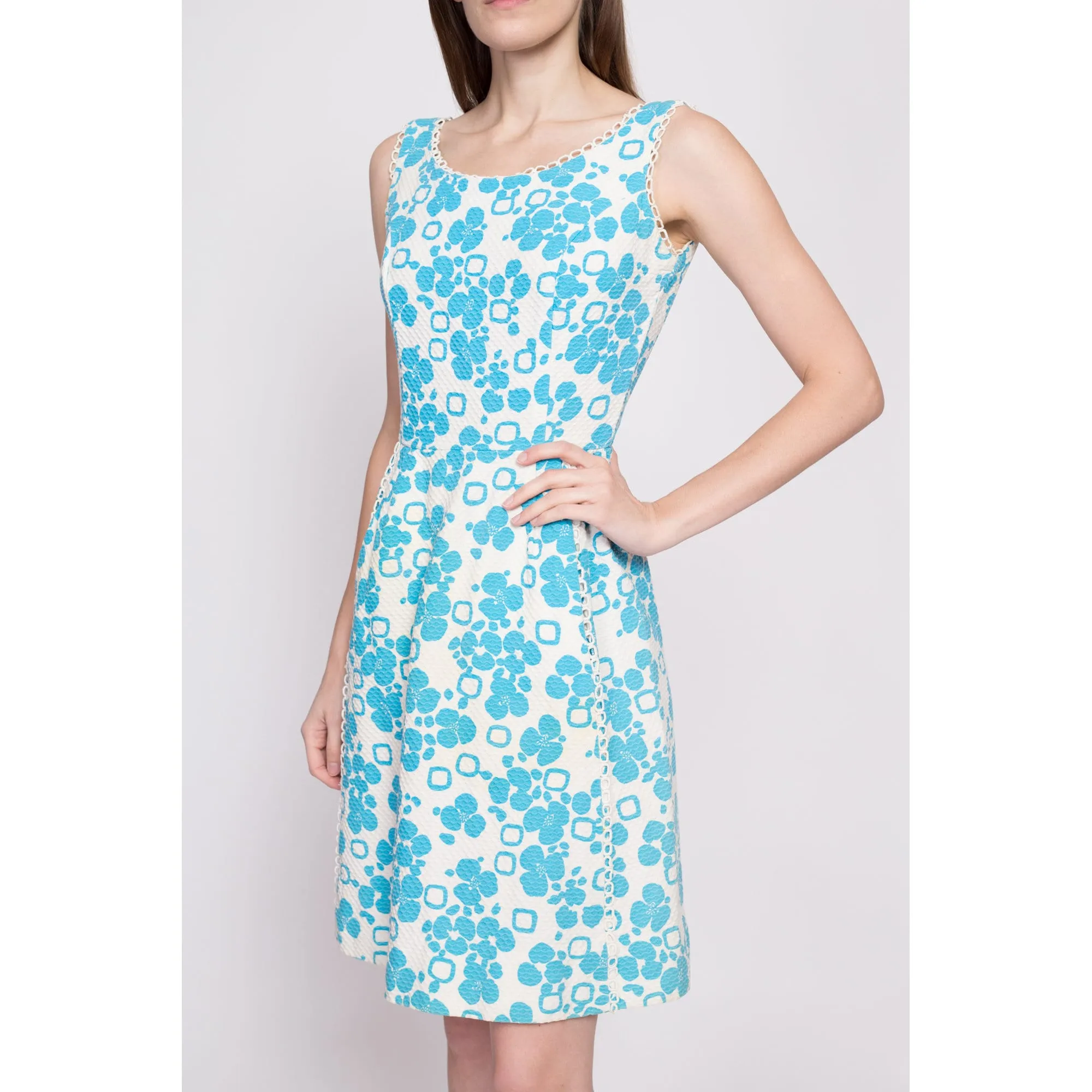 60s Blue & White Floral A Line Dress, As Is - Extra Small
