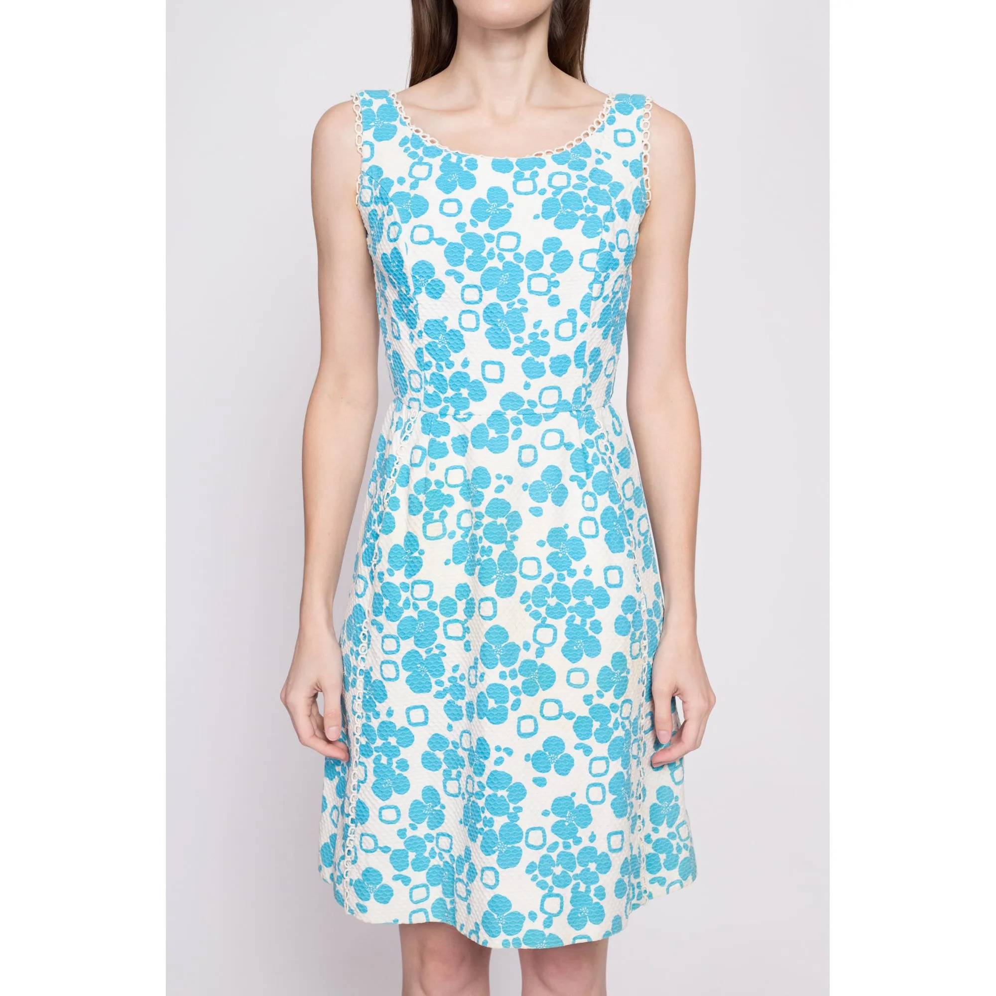 60s Blue & White Floral A Line Dress, As Is - Extra Small
