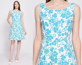 60s Blue & White Floral A Line Dress, As Is - Extra Small