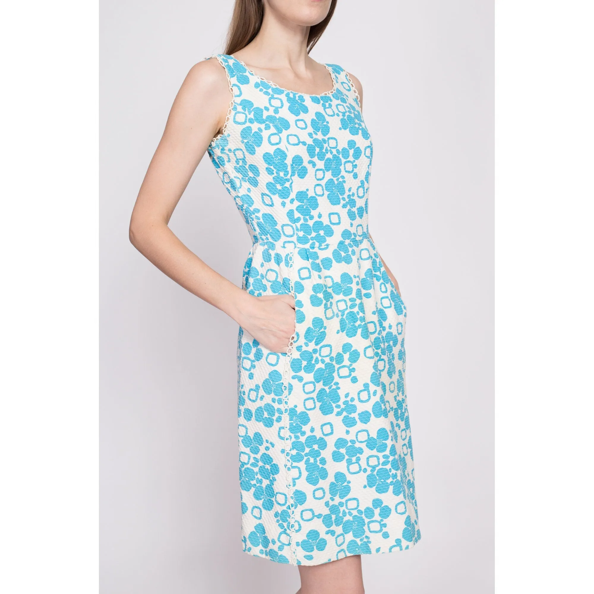 60s Blue & White Floral A Line Dress, As Is - Extra Small