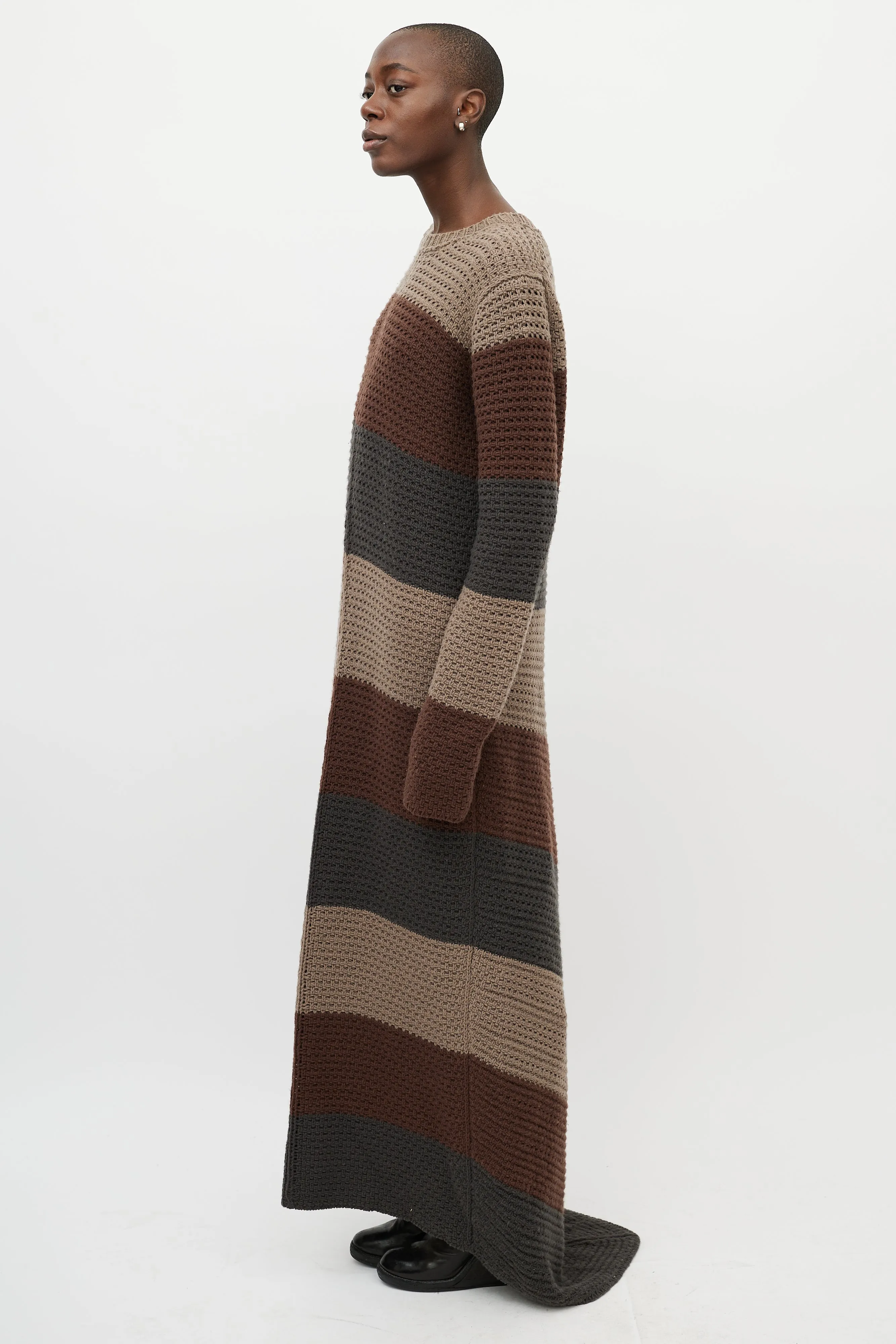 Beige & Brown Striped Knit Maxi Dress