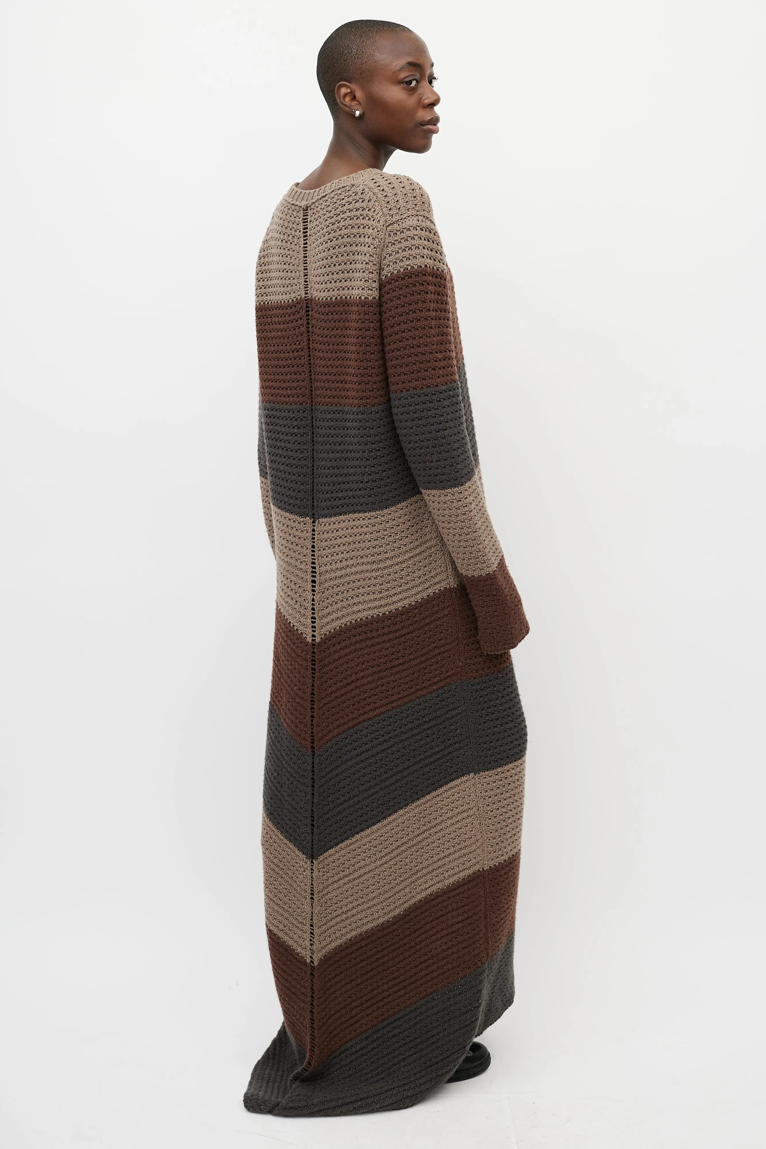 Beige & Brown Striped Knit Maxi Dress