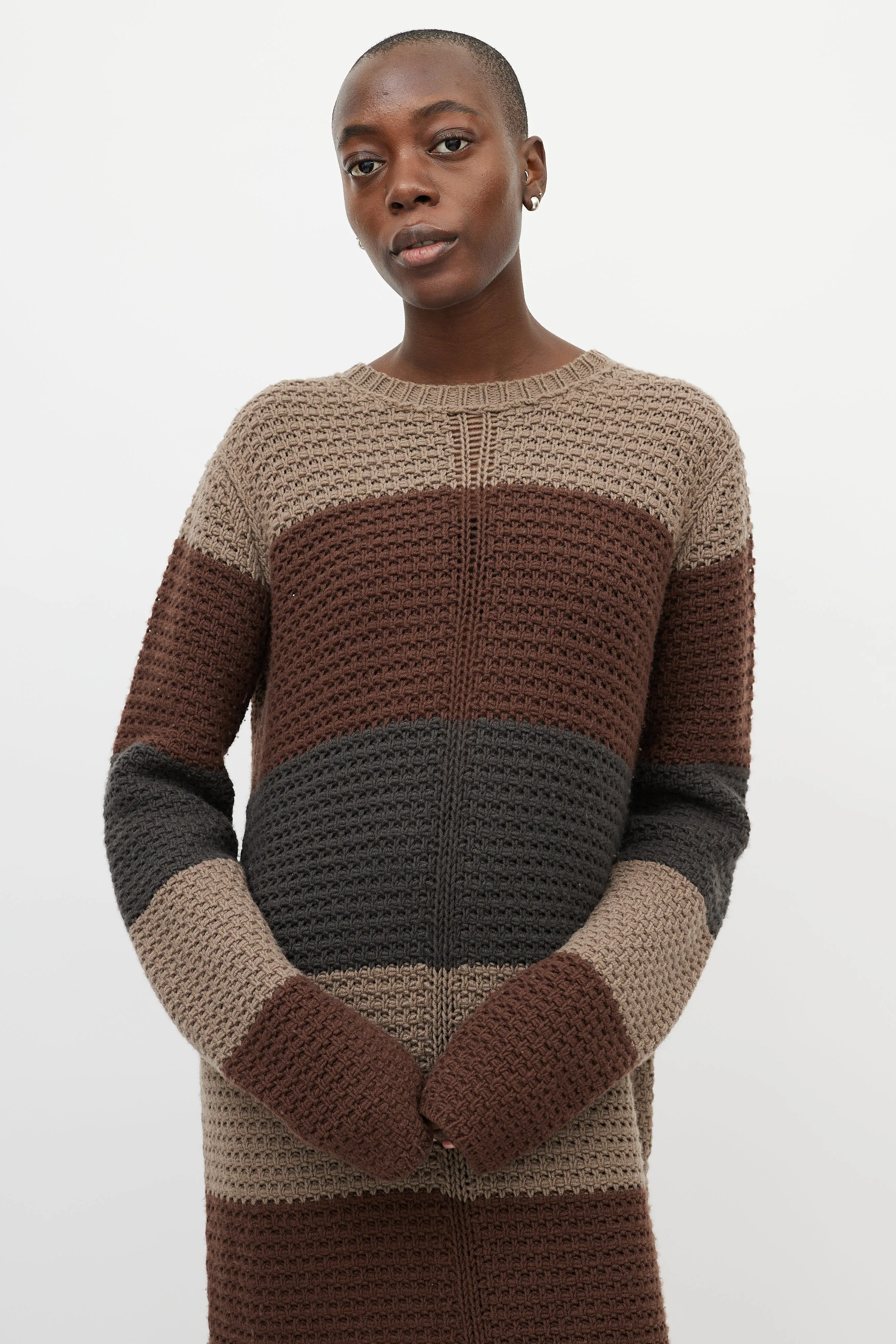 Beige & Brown Striped Knit Maxi Dress