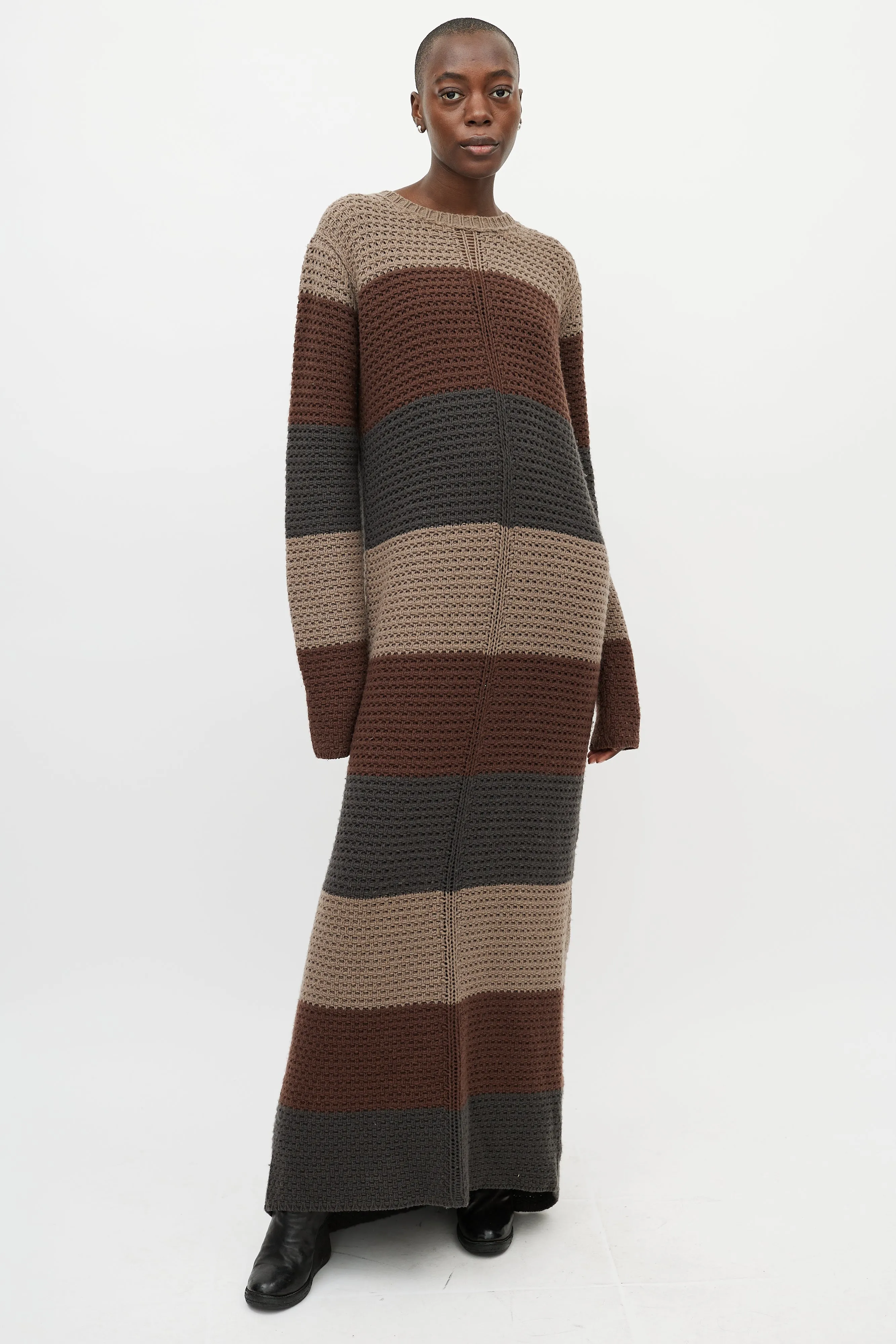Beige & Brown Striped Knit Maxi Dress
