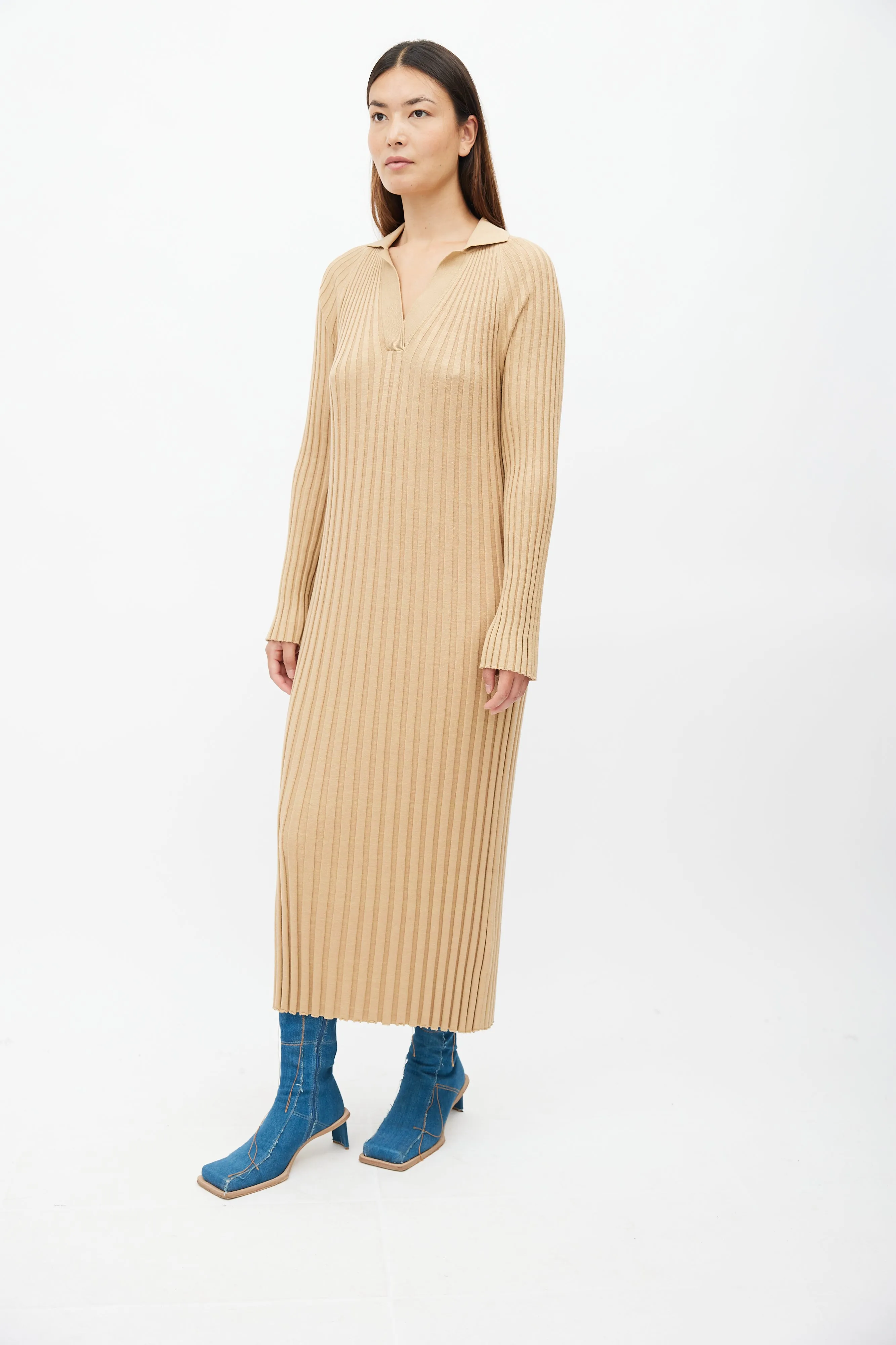 Beige Ribbed Knit Kale Dress