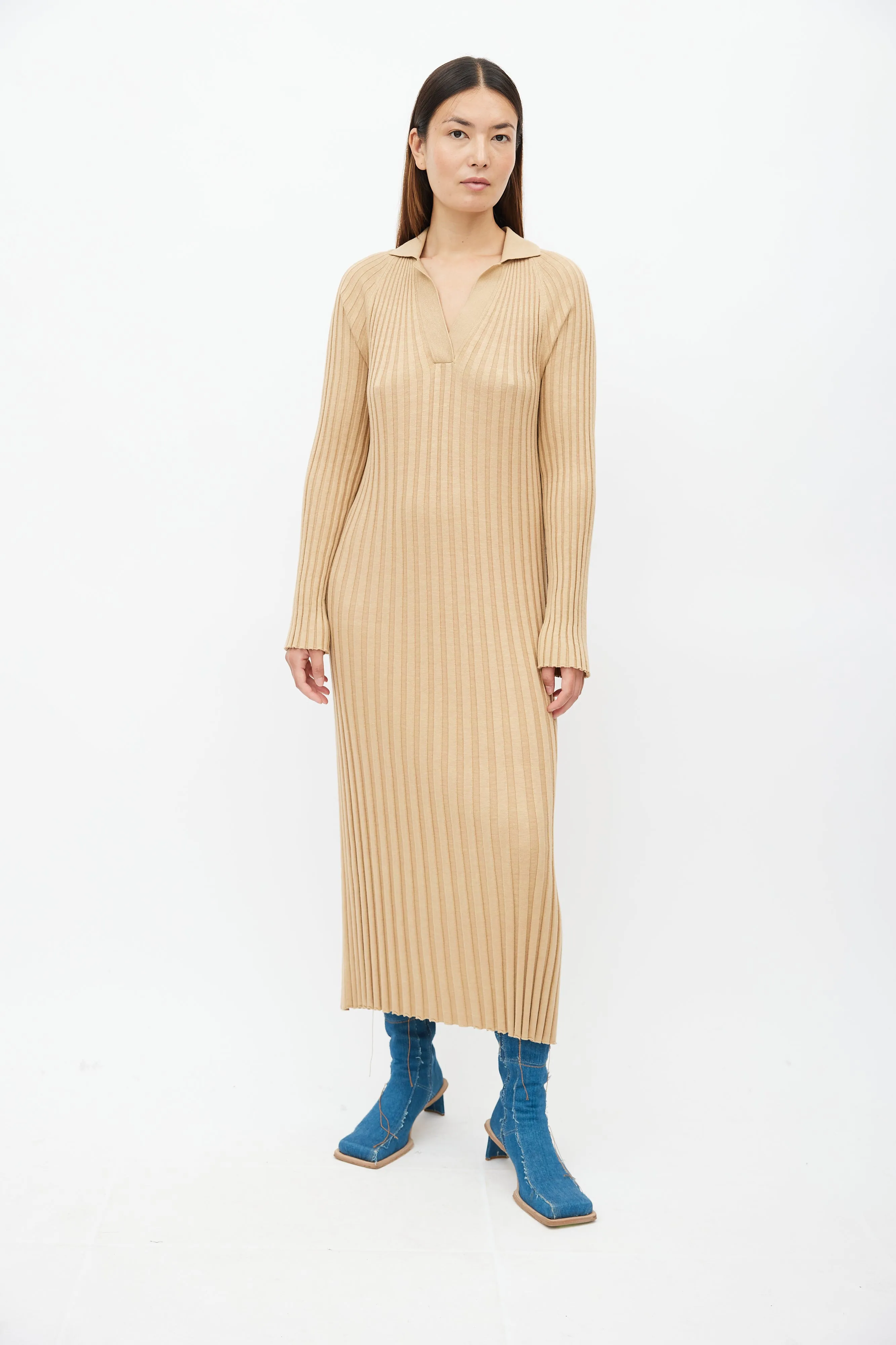 Beige Ribbed Knit Kale Dress