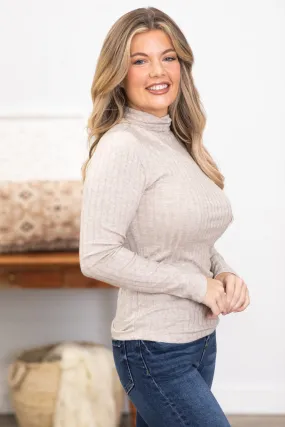 Beige Ribbed Long Sleeve Turtleneck Top
