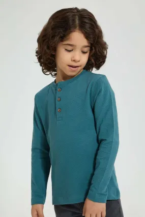 Blue Long Sleeved Henley T-Shirt