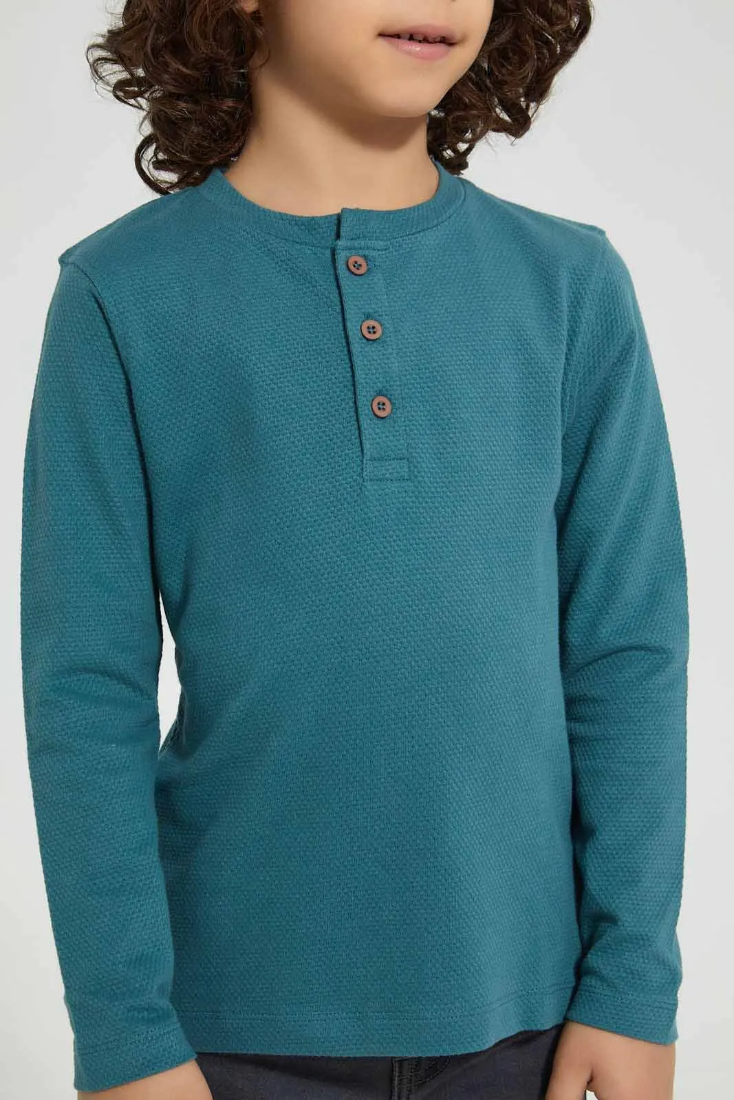 Blue Long Sleeved Henley T-Shirt