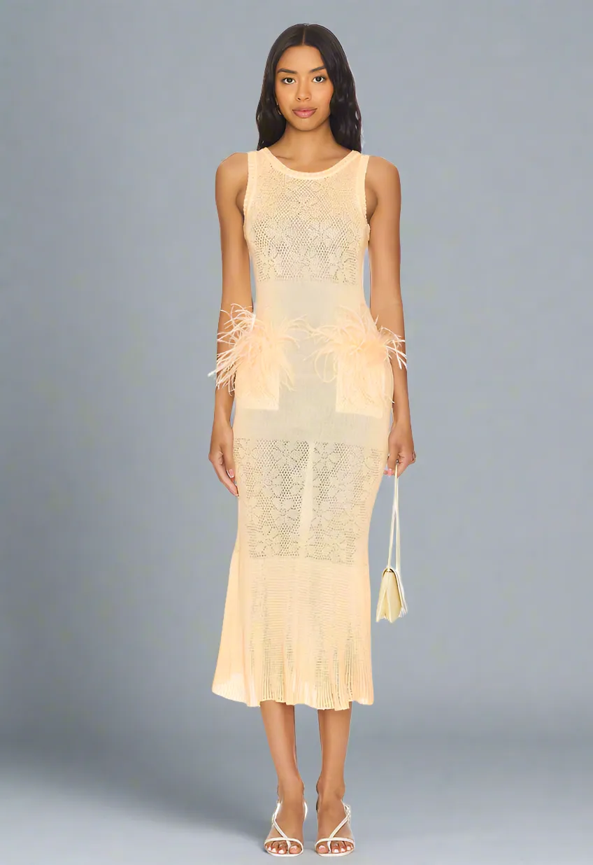 Champagne Rose Knit Dress With Feathers
