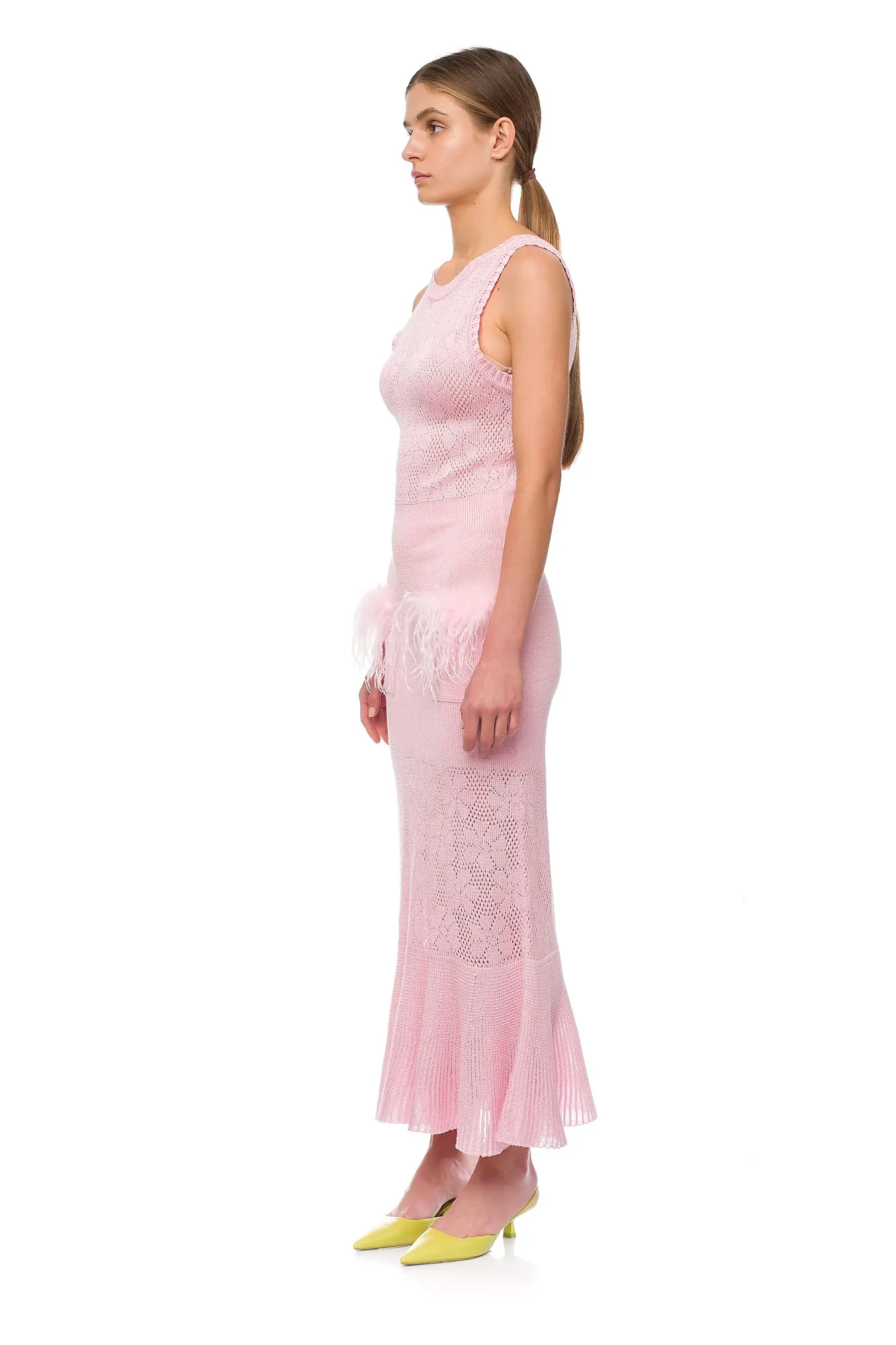 Champagne Rose Knit Dress With Feathers