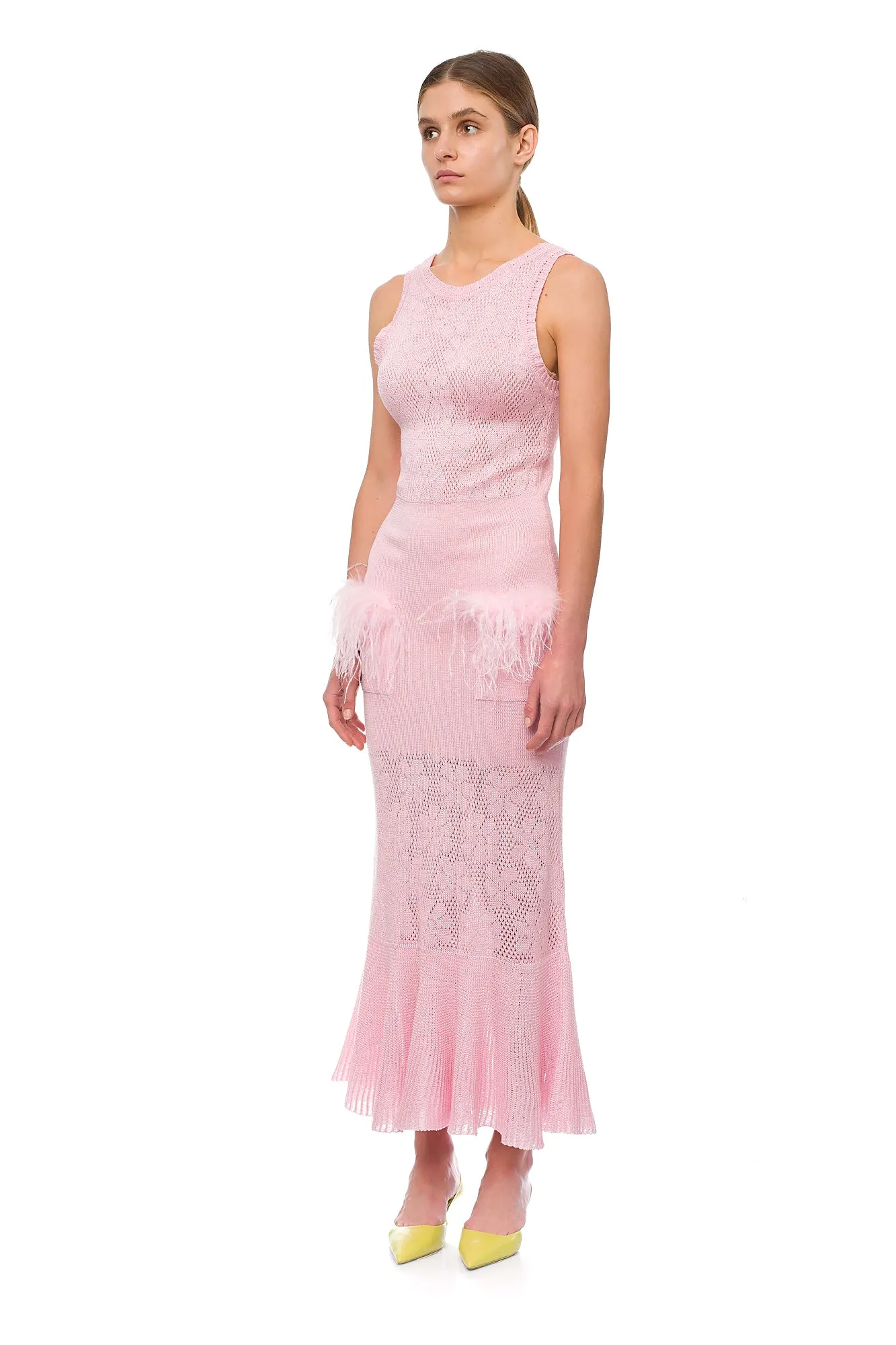Champagne Rose Knit Dress With Feathers
