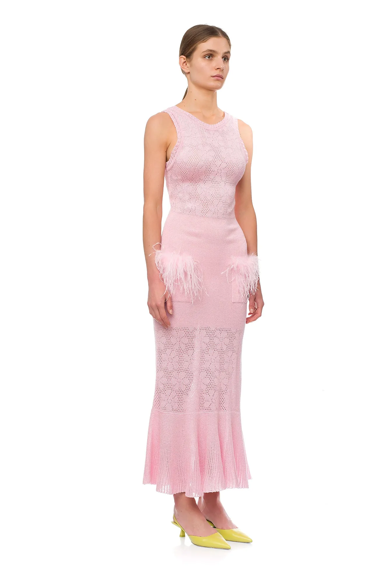Champagne Rose Knit Dress With Feathers