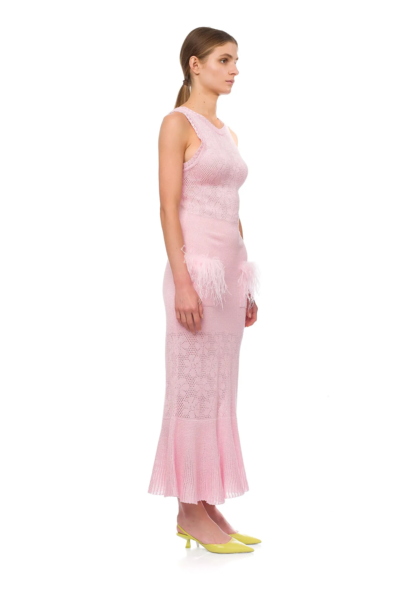 Champagne Rose Knit Dress With Feathers