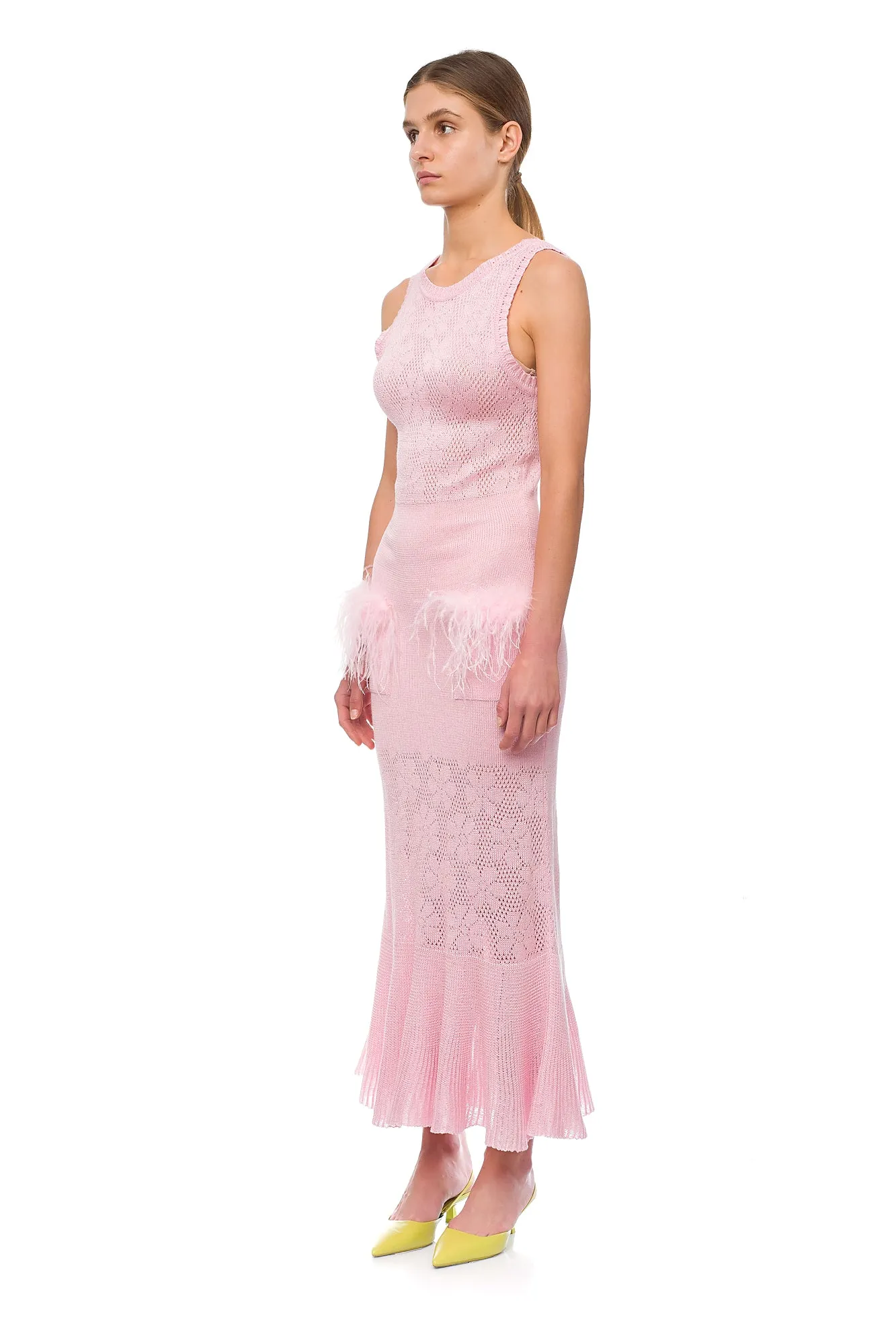 Champagne Rose Knit Dress With Feathers