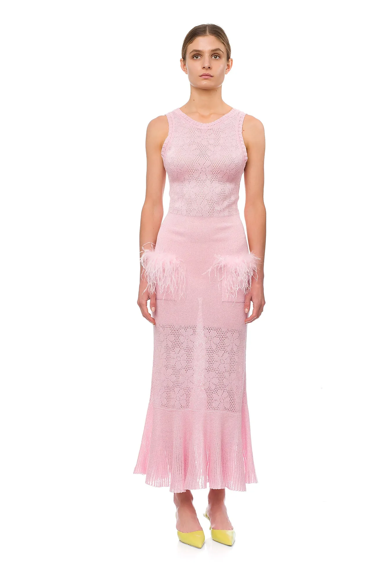 Champagne Rose Knit Dress With Feathers
