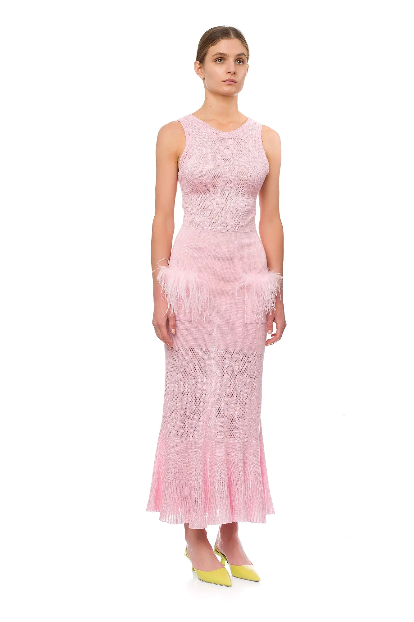 Champagne Rose Knit Dress With Feathers
