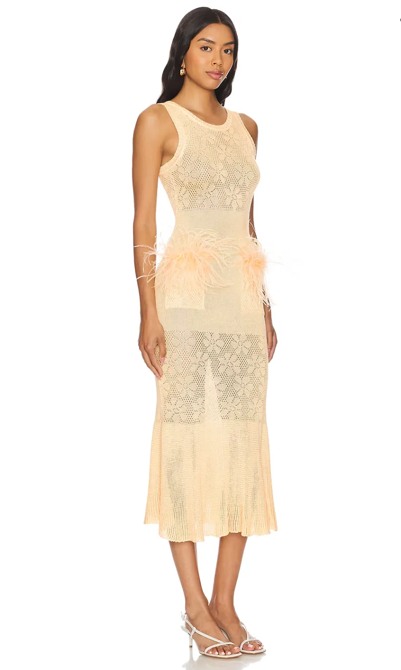 Champagne Rose Knit Dress With Feathers