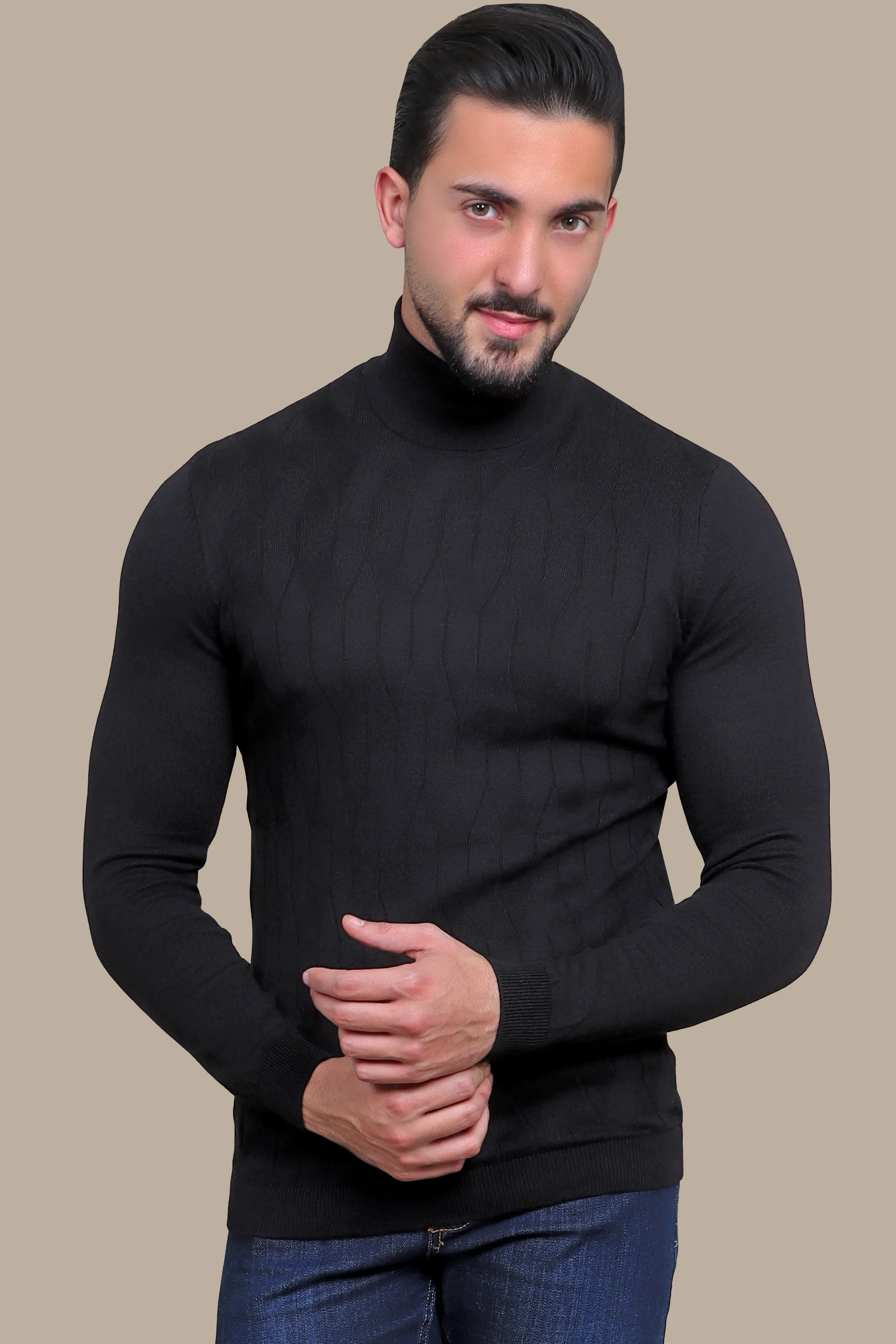 Classic Black Braided Turtleneck Sweater