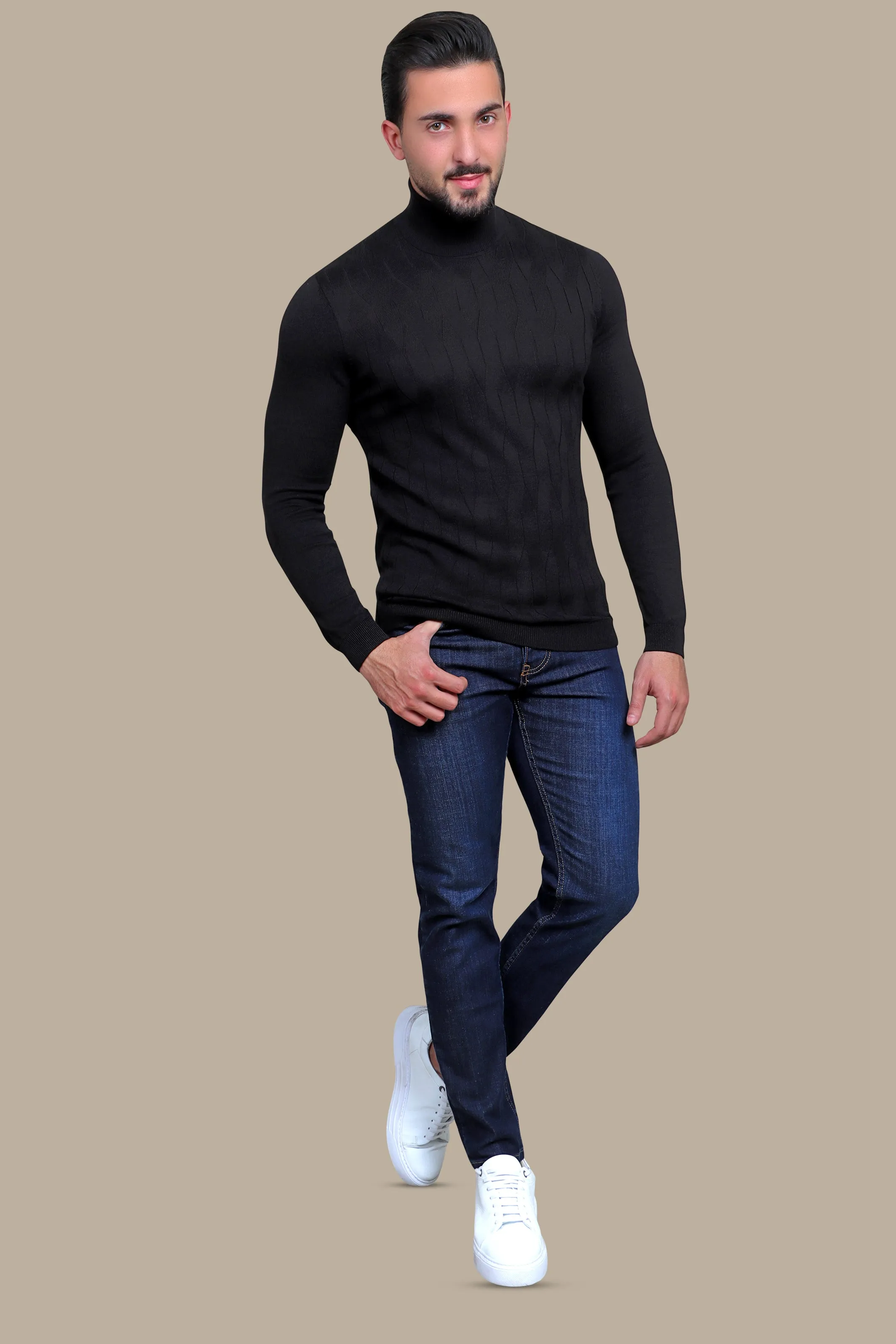 Classic Black Braided Turtleneck Sweater