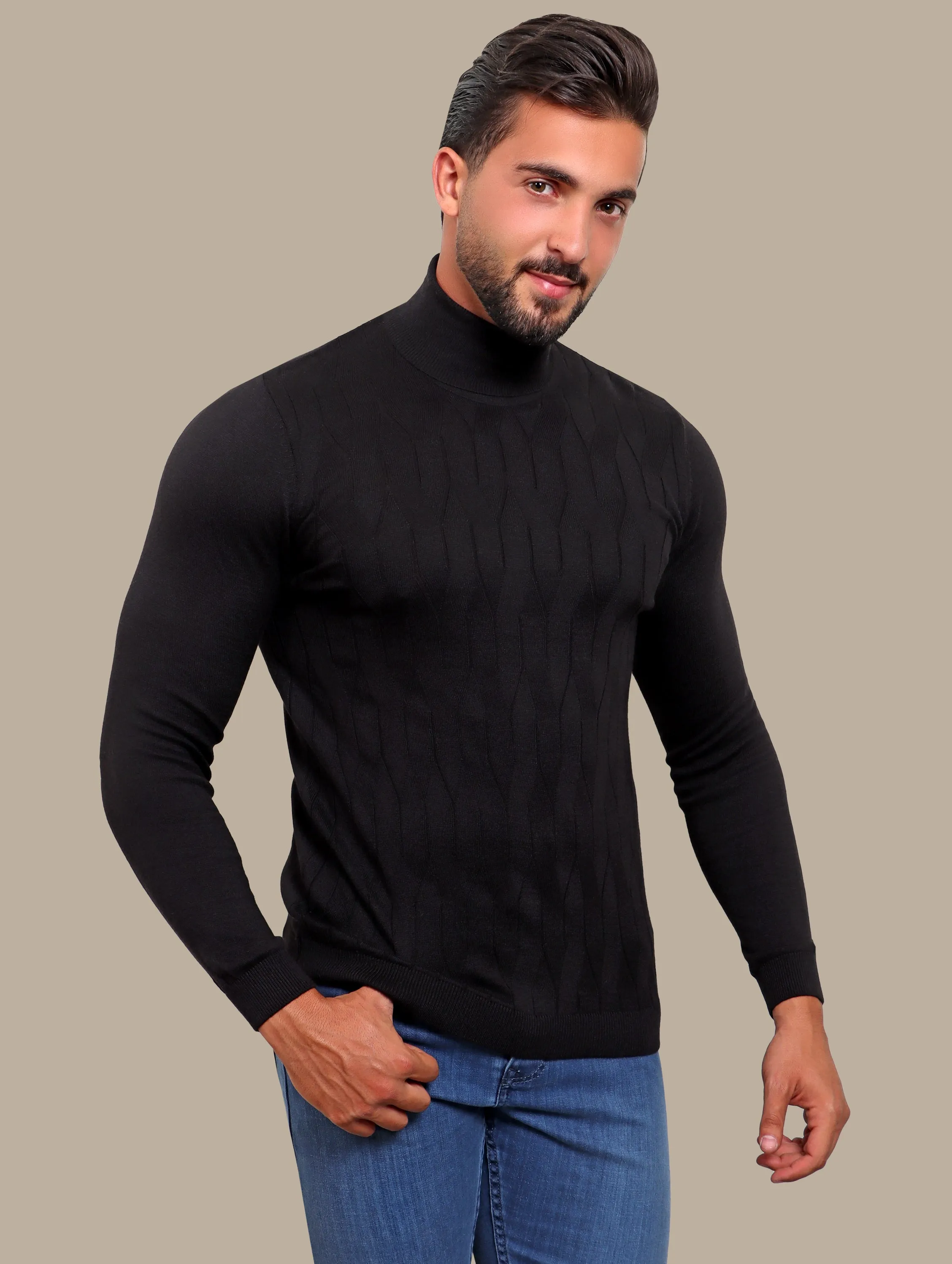 Classic Black Braided Turtleneck Sweater