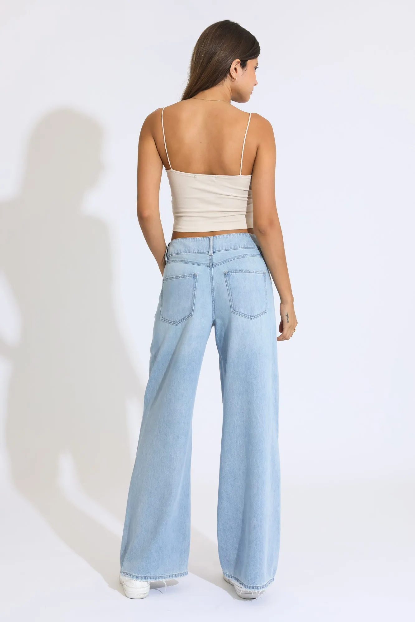 Double Button Wide Leg Jean - Medium Blue Black