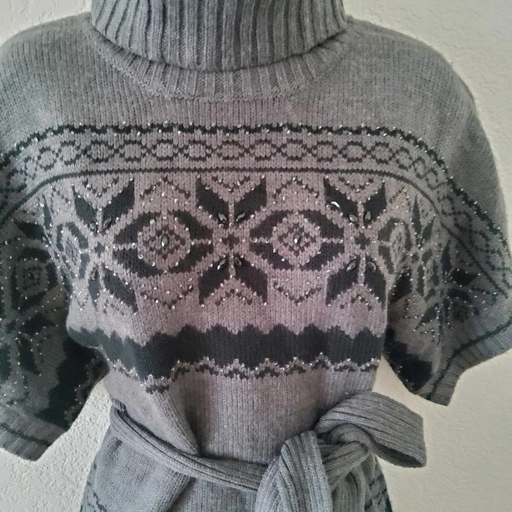 Dressbarn Collection Grey Turtleneck Belted Sweater with Sequins, Women's Medium