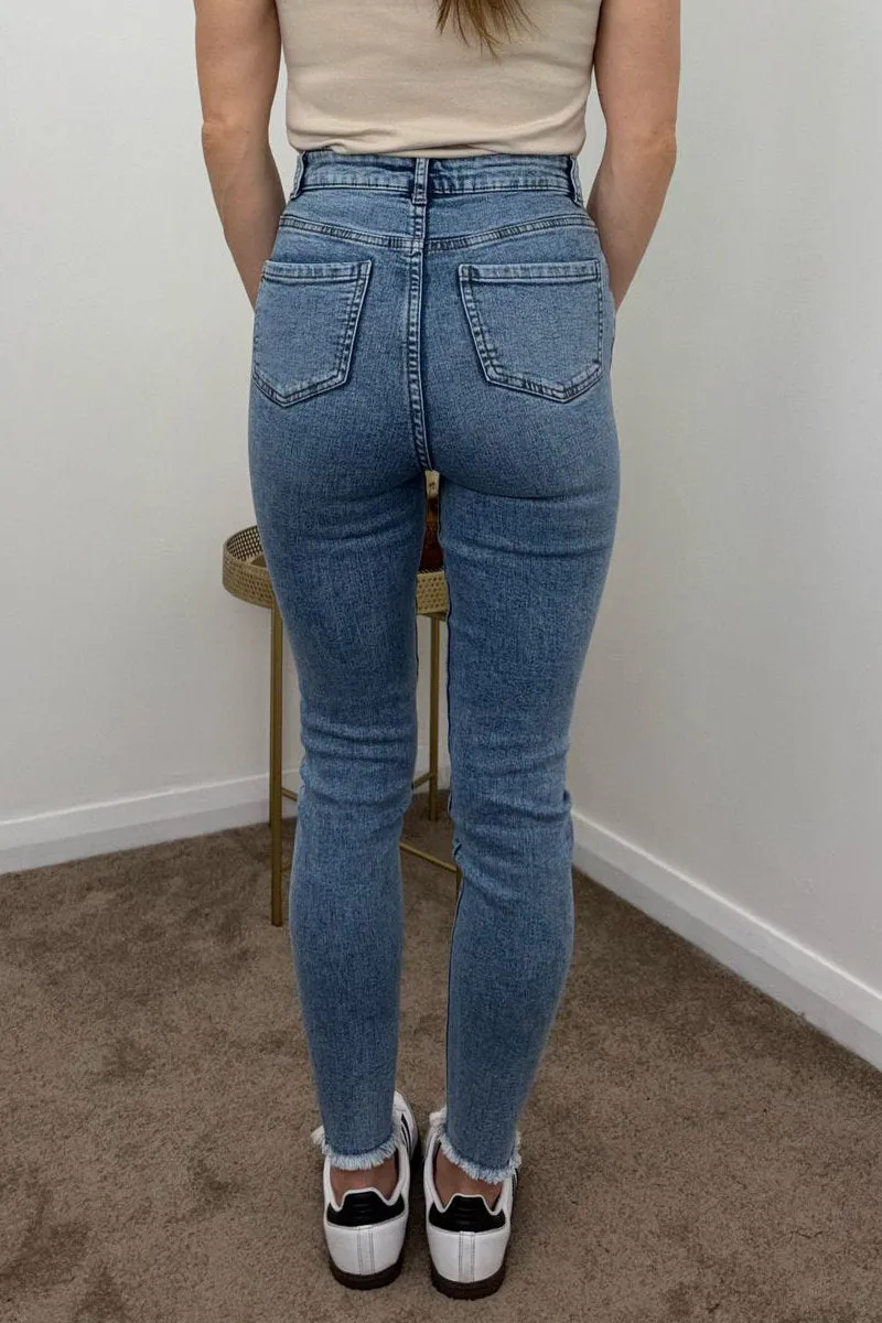 Famous Store Ladies Denim Mid Wash Studded Skinny Jeans