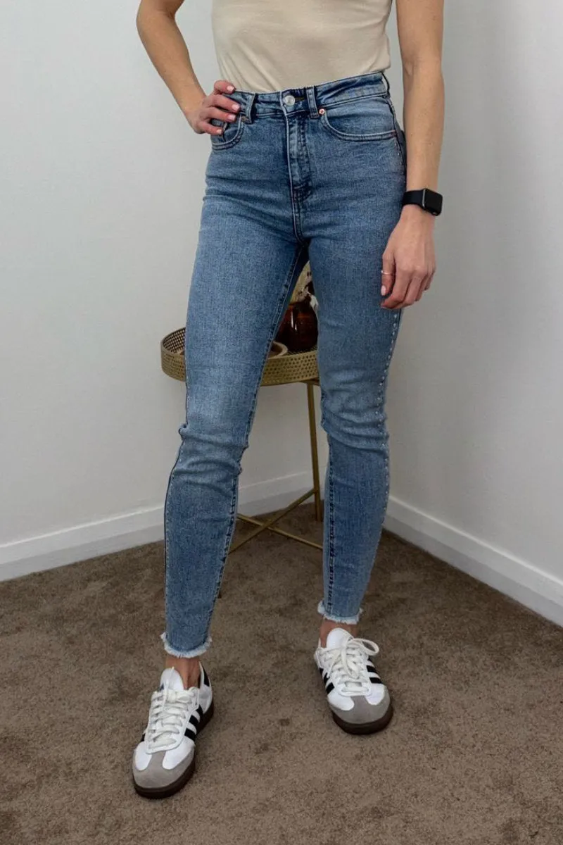 Famous Store Ladies Denim Mid Wash Studded Skinny Jeans