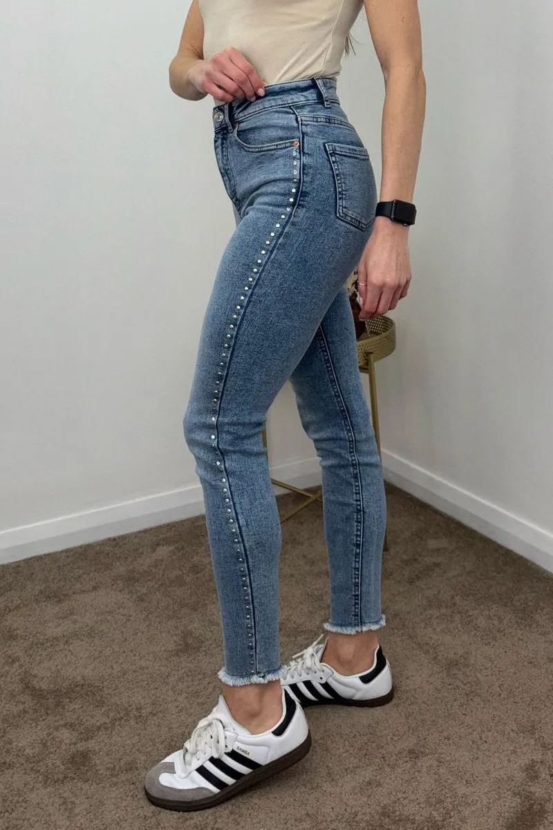 Famous Store Ladies Denim Mid Wash Studded Skinny Jeans