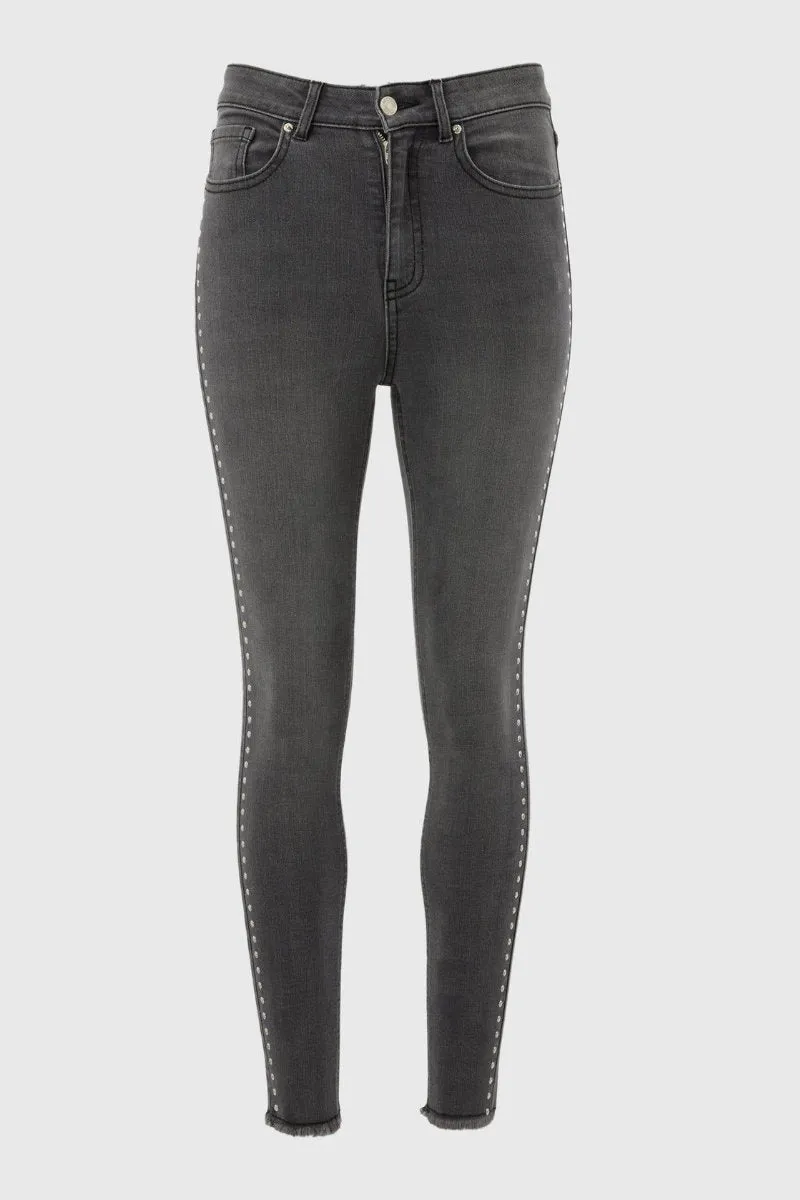 Famous Store Ladies Grey Studded Skinny Jeans