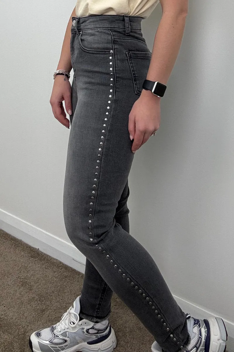 Famous Store Ladies Grey Studded Skinny Jeans