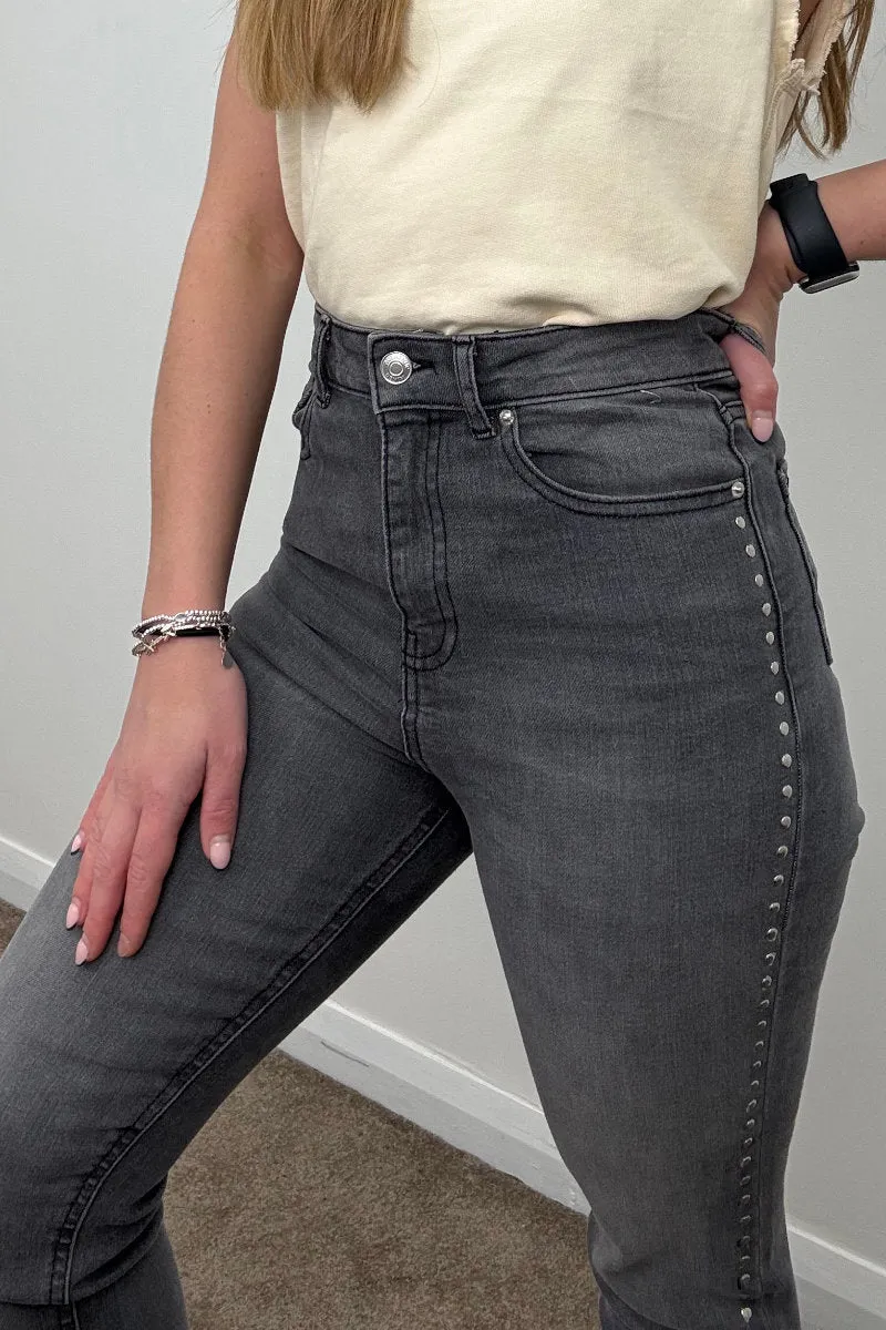 Famous Store Ladies Grey Studded Skinny Jeans