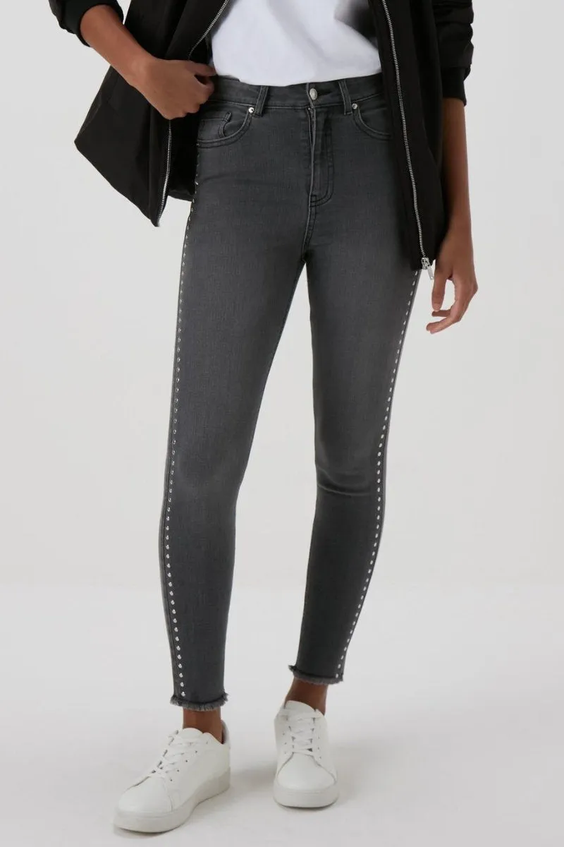 Famous Store Ladies Grey Studded Skinny Jeans