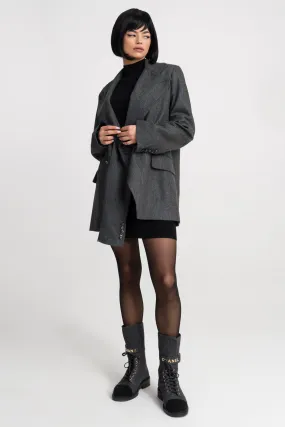 'Jade' Grey Deconstructed Lapels Oversized Wool Blazer
