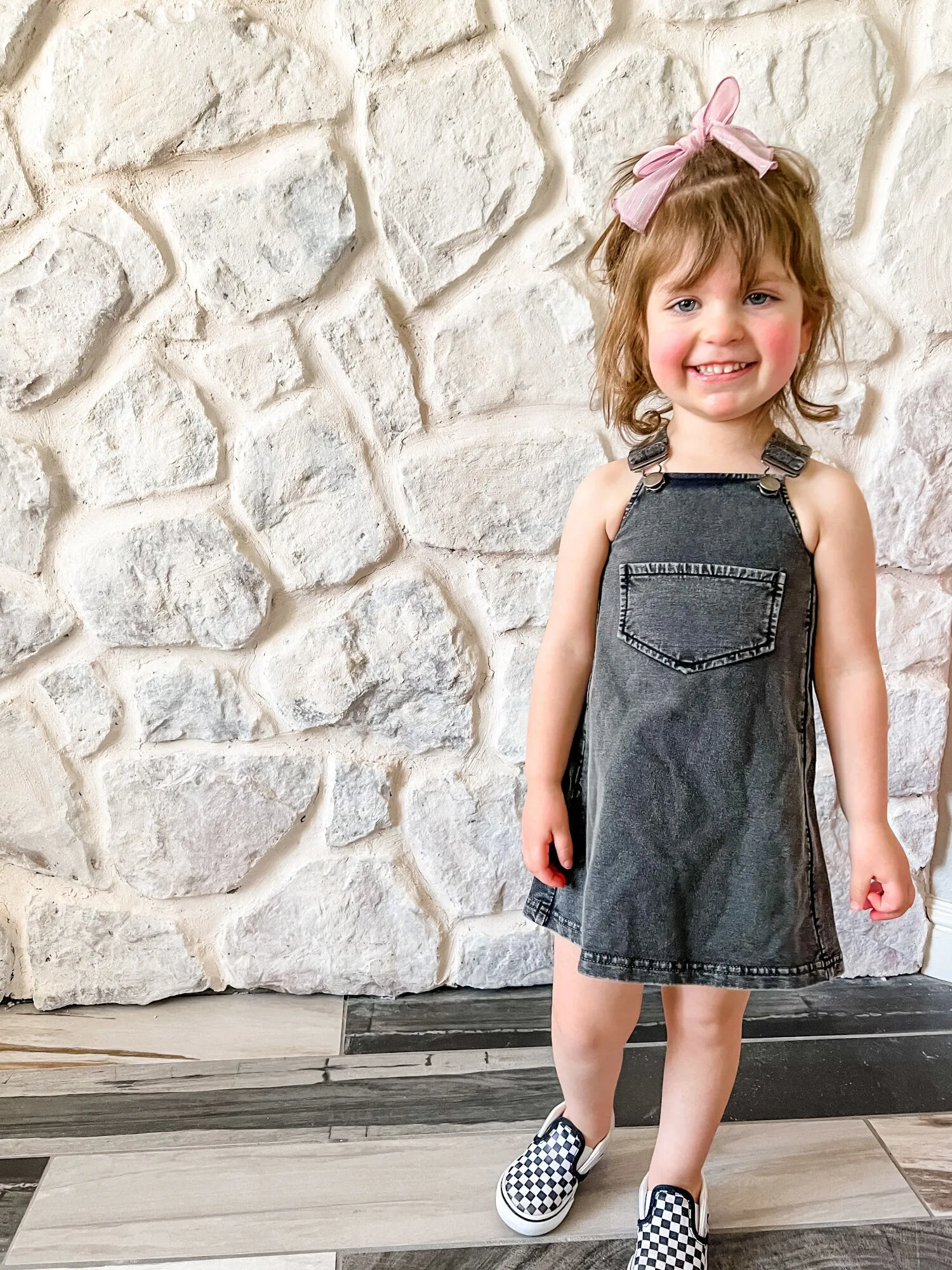 Kid's Faux Denim Buckle Dress in Black