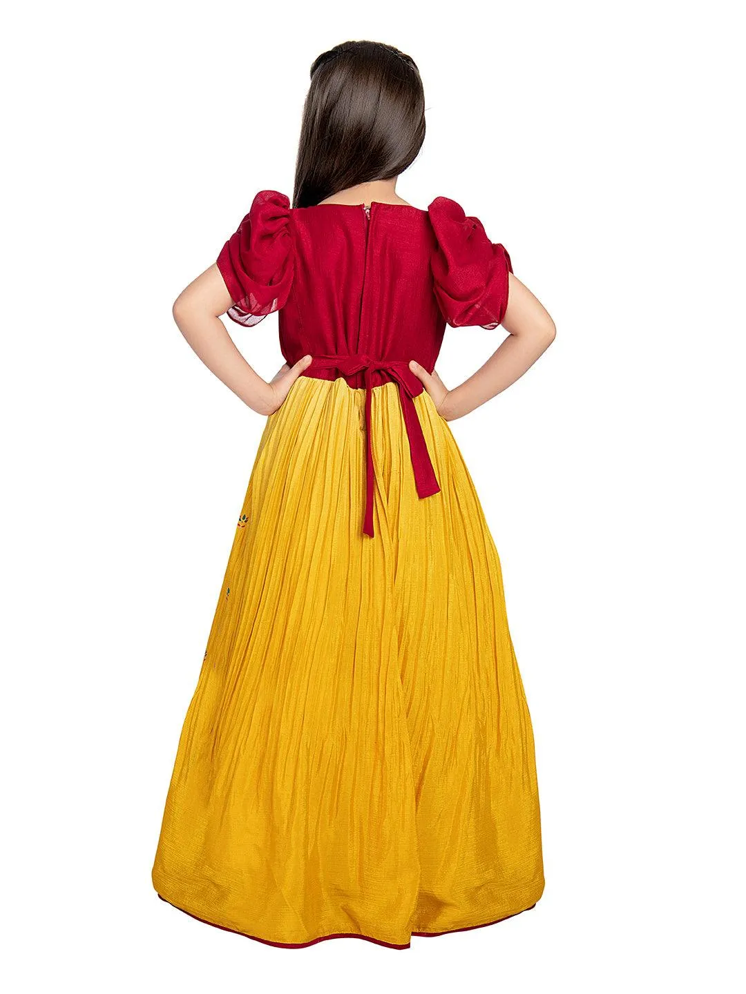 Lemon & Cherry Red Coloured Floral Embroidered Satin Puff Sleeves Styled Gown For Girls