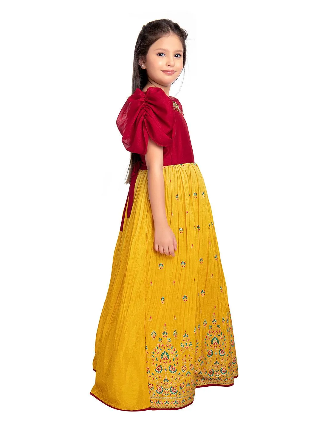 Lemon & Cherry Red Coloured Floral Embroidered Satin Puff Sleeves Styled Gown For Girls