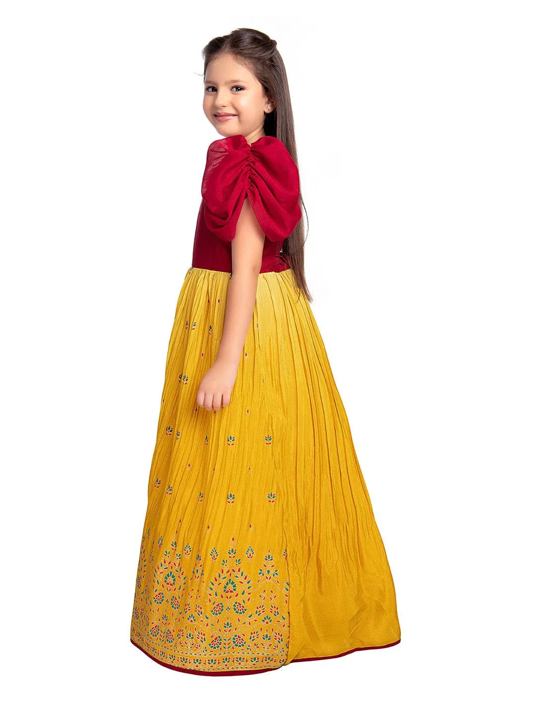Lemon & Cherry Red Coloured Floral Embroidered Satin Puff Sleeves Styled Gown For Girls