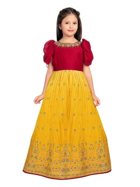 Lemon & Cherry Red Coloured Floral Embroidered Satin Puff Sleeves Styled Gown For Girls