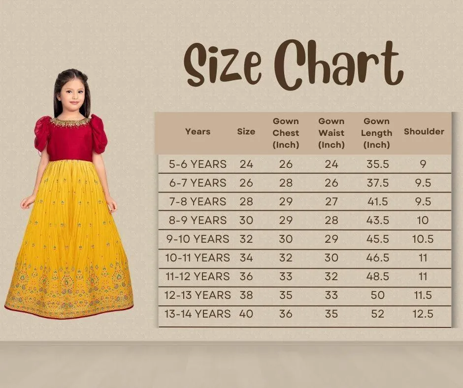 Lemon & Cherry Red Coloured Floral Embroidered Satin Puff Sleeves Styled Gown For Girls