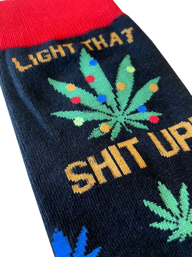 Light That Shit Up Weed Leaf Christmas Mens Crew Socks