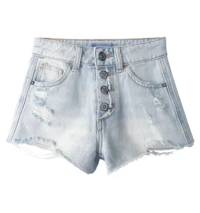 Little Big girls Denim Shorts,Elastic Band Inside Ripped High-cut Raw Hem Hot Jean Summer Pants
