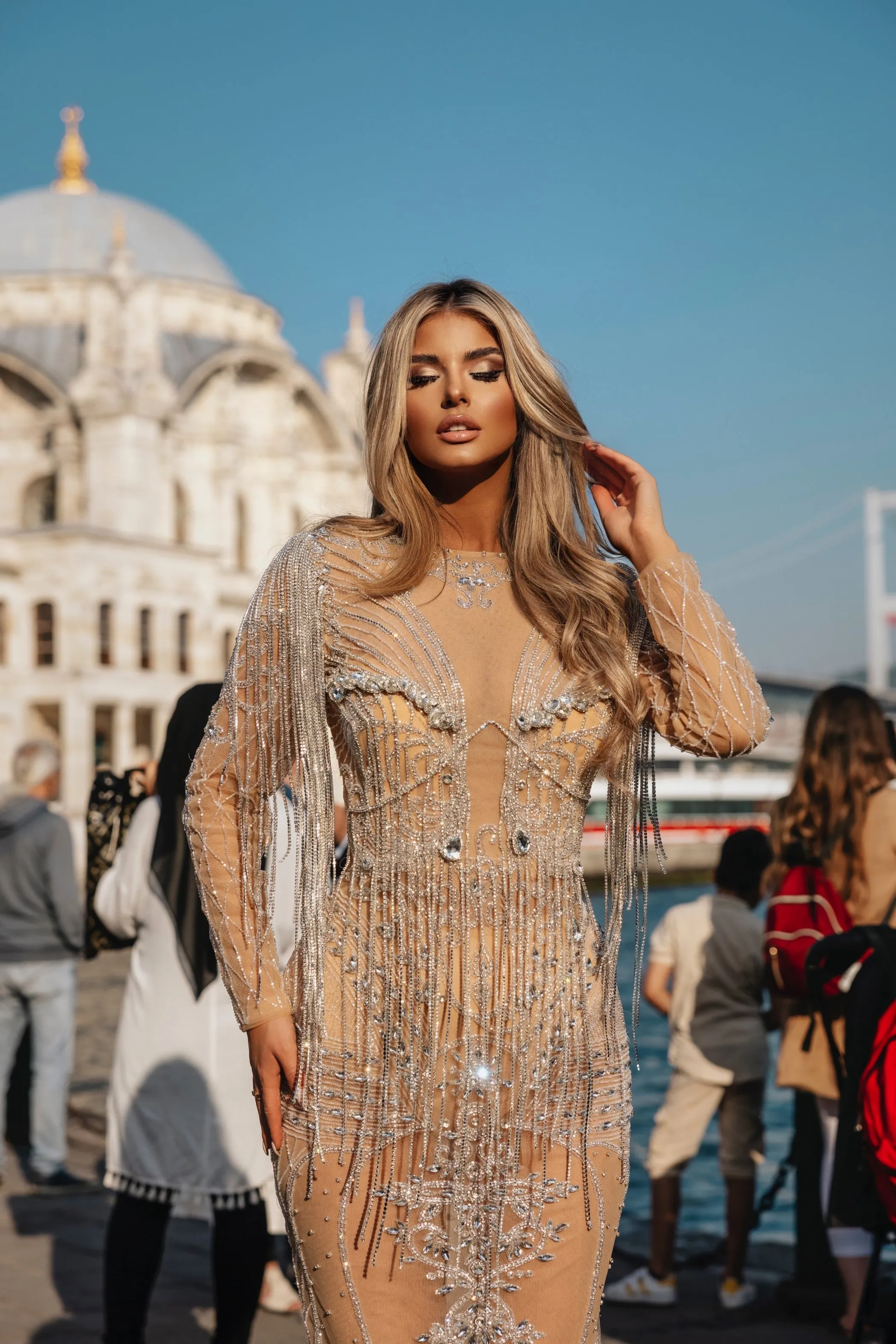 Luxury Gold  Evening Dress With Stones