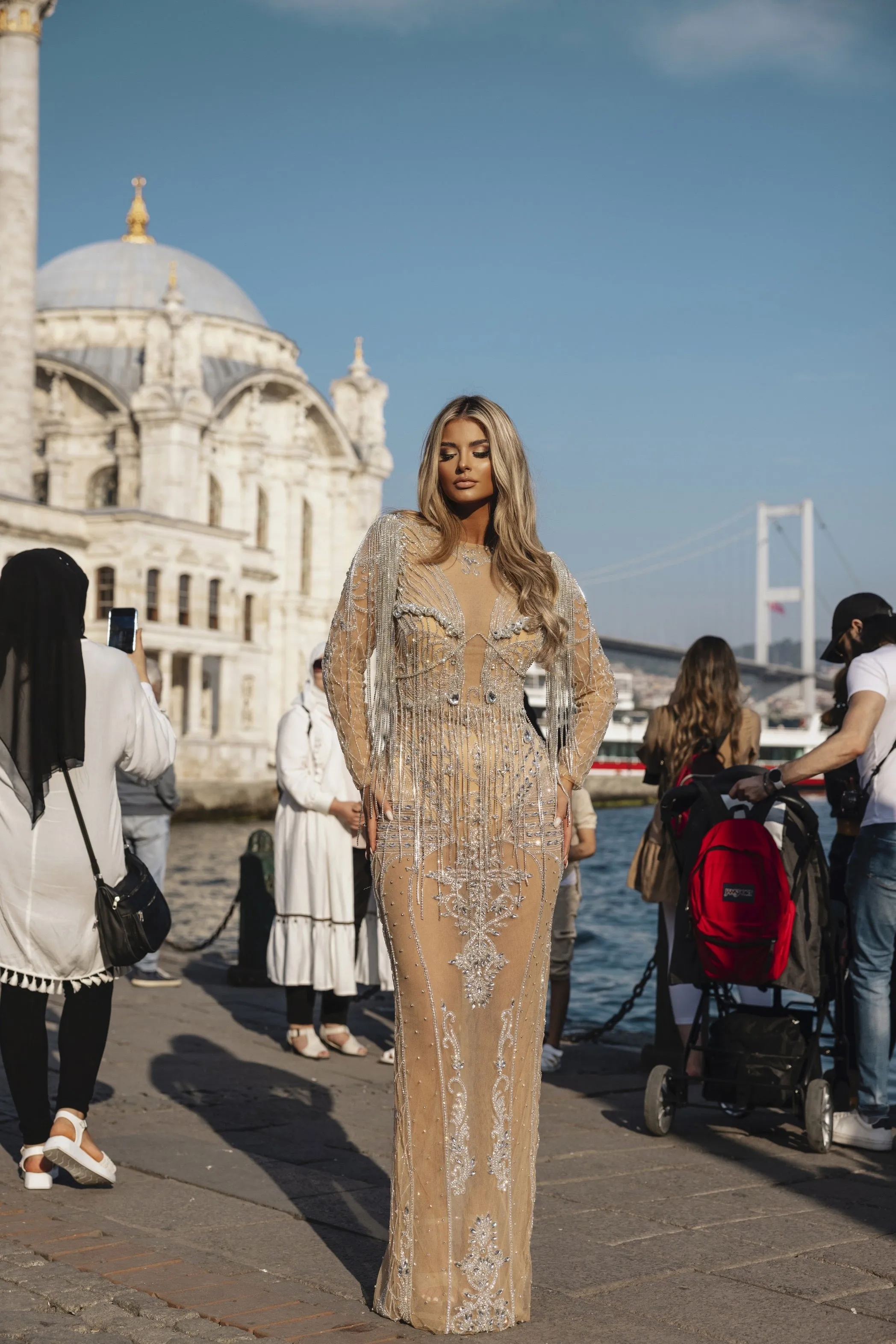 Luxury Gold  Evening Dress With Stones