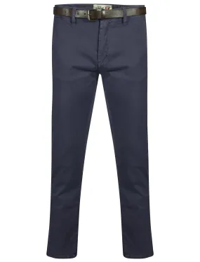 Mackay Cotton Chino Trousers With Belt in Midnight Blue - Tokyo Laundry