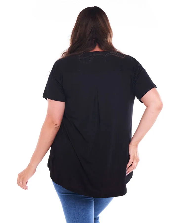 Matilda V-Neck Relaxed Draped Basic Tee - Black