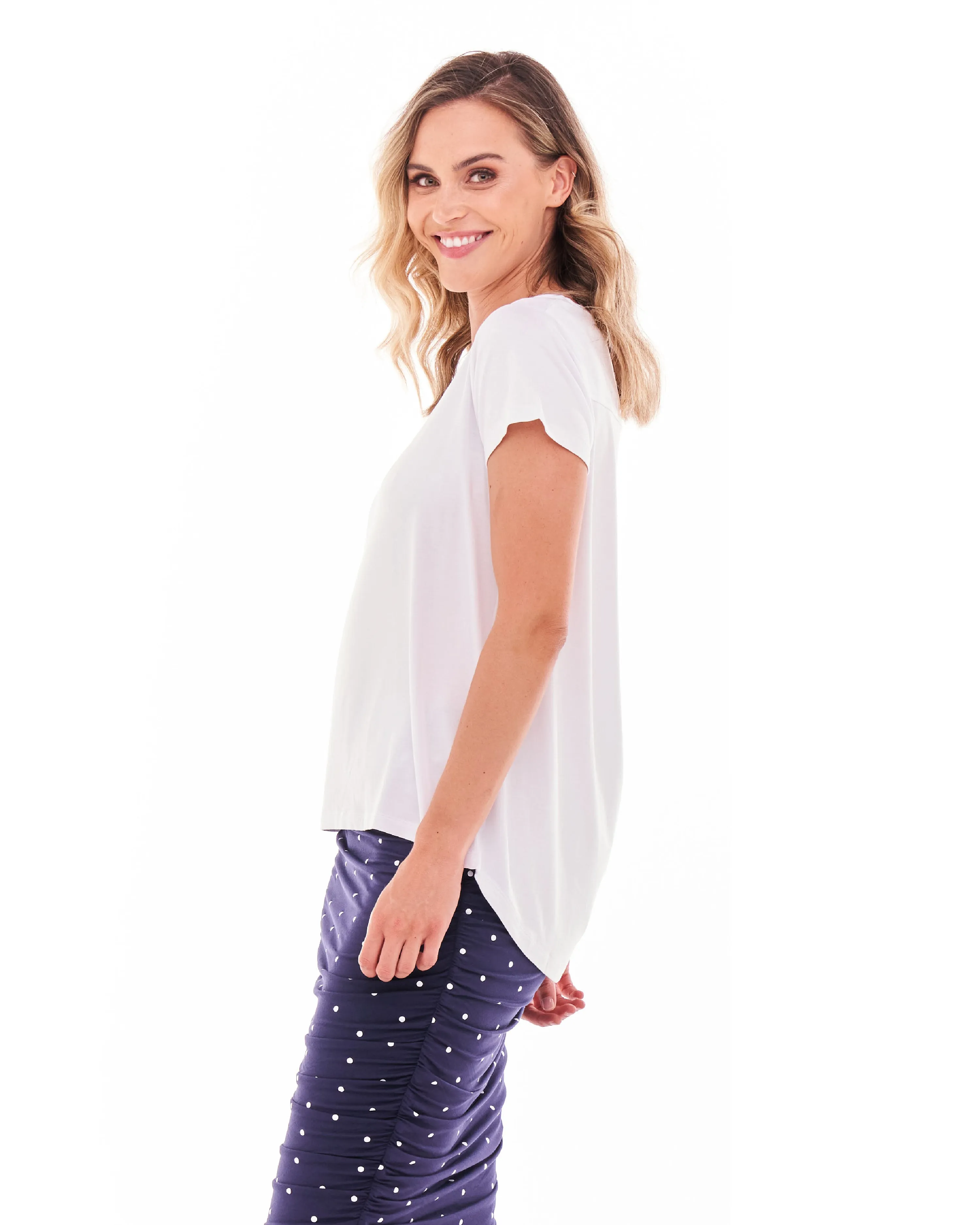 Matilda V-Neck Relaxed Draped Basic Tee - White