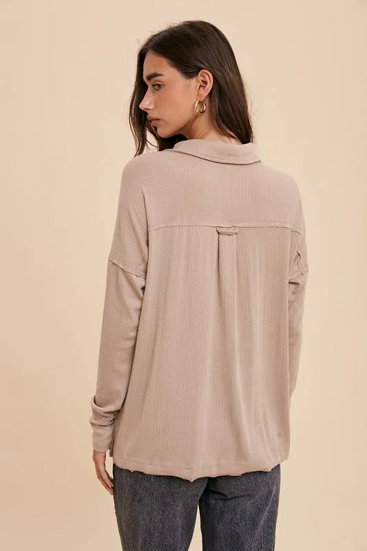 OVERSIZED RIBBED LONG SLEEVE HENLEY TOP