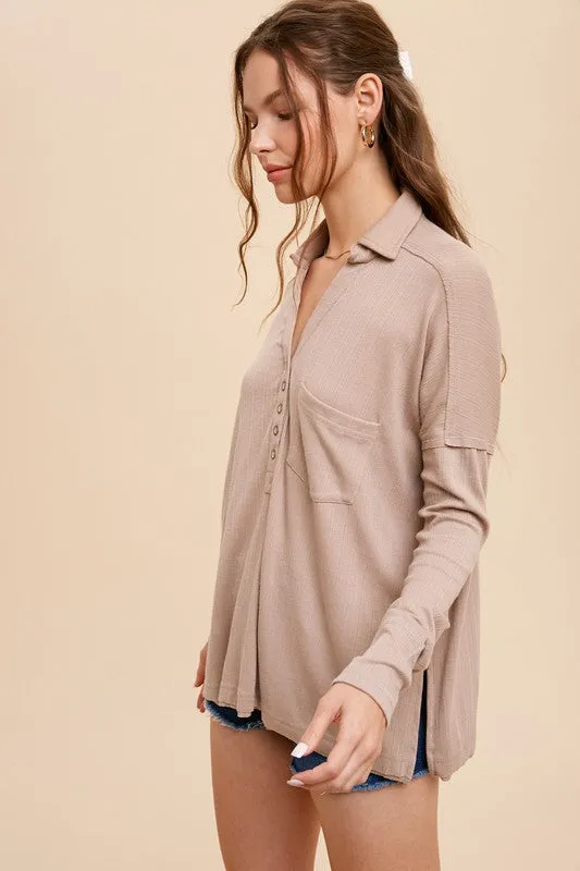 OVERSIZED RIBBED LONG SLEEVE HENLEY TOP